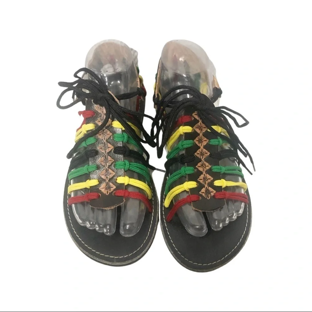 Reggae Rasta summer sandals leather and cloth women size 7.5 or 24.5 CM